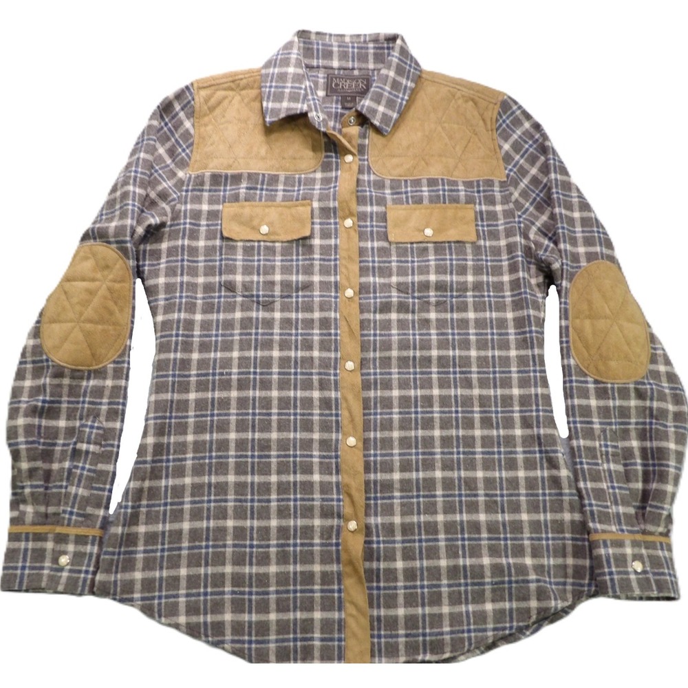 Madison Creek Women Plaid Snap Shirt Quilted Suede Elbow Patch Gray Cotton M EUC